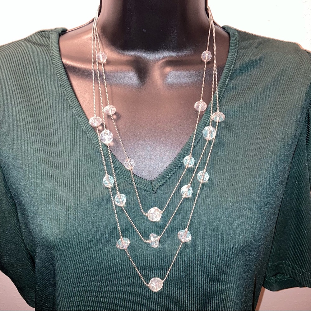 American Eagle Faceted Crystal Silver Long Layered Necklace Statement Jewelry - Picture 9 of 15